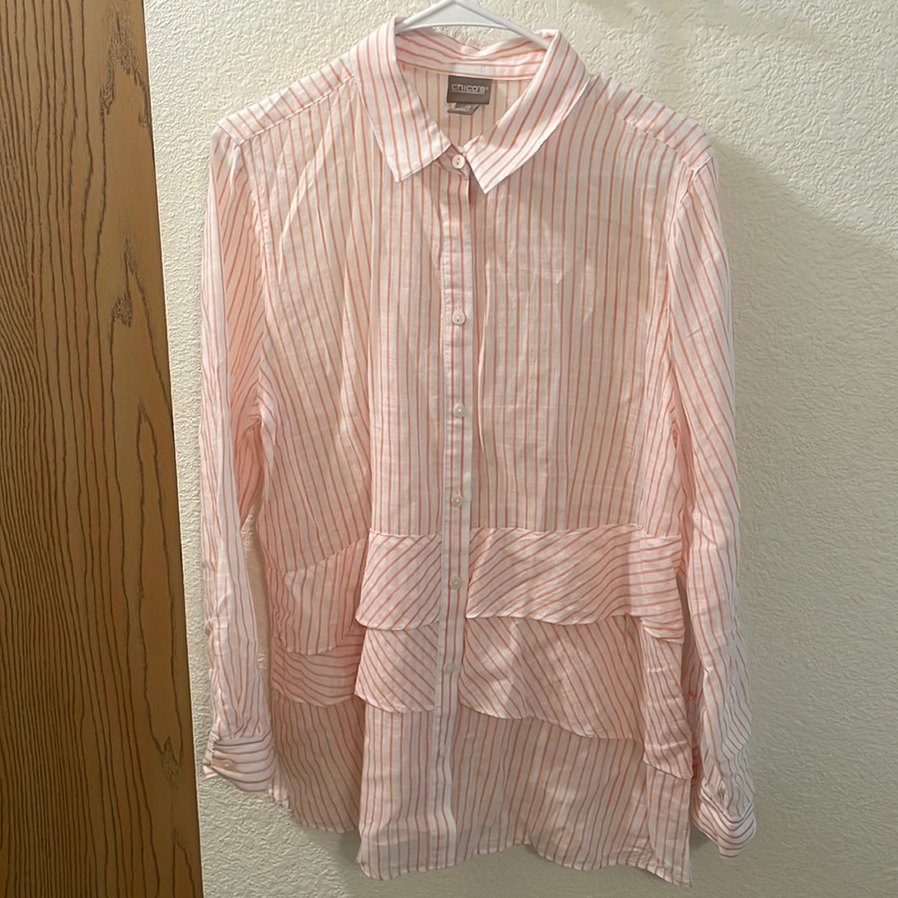 Chicos Womens Peach and White Striped Button Down Shirt Size 2 (large)